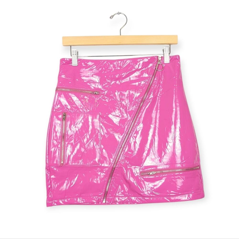 Ver Luisant Pink Moto PU Zip High Waisted Mini Skirt Size L
